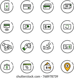 line vector icon set - mobile payment vector, credit card, tap pay, exchange, cash, check, purse, cursor browser, finance management, atm map pin
