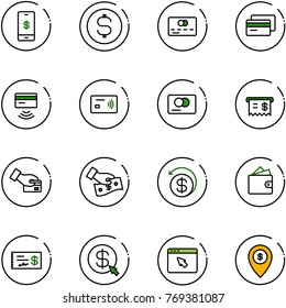 line vector icon set - mobile payment vector, dollar coin, credit card, tap pay, receipt, cash, money back, wallet, check, click, cursor browser, atm map pin