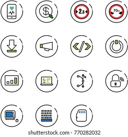 line vector icon set - mobile heart monitor vector, money click, limited width road sign, distance, download, loudspeaker, tag code, standby, statistics, bezier, wireless lock, monoblock pc, binary