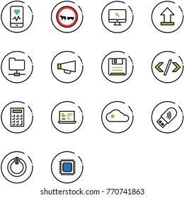 line vector icon set - mobile heart monitor vector, no cart horse road sign, cursor, uplooad, network folder, loudspeaker, save, tag code, calculator, statistics, cloud, usb wi fi, standby button