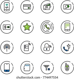 line vector icon set - mobile heart monitor vector, credit card, star, phone horn, antenna, server wireless, lock, micro flash, no signal, toy