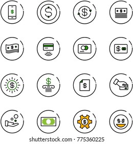 line vector icon set - mobile payment vector, dollar coin, exchange, cash, tap pay, credit card, sun, bank, account statement, money, managemet, smile