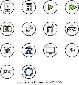 line vector icon set - mobile payment vector, calculator, play, fast forward, camera, satellite antenna, remote control, joystick wireless, fingerprint scanner, monitor, surveillance, projector