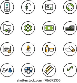 line vector icon set - mobile heart monitor vector, pound, safe, lifebuoy, shared folder, gear, money, brick wall, certificate, microphone, uv cream, mat, information exchange, carbon, trowel