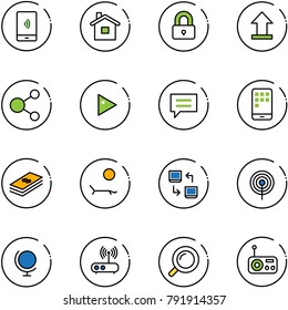 line vector icon set - mobile payment vector, home, locked, uplooad, share, play, chat, dollar, lounger, data exchange, antenna, globe, wi fi router, magnifier, radio