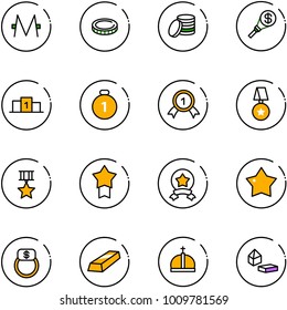 line vector icon set - monero vector, coin, money torch, pedestal, gold medal, star, finger ring, crown, constructor blocks
