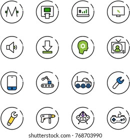 line vector icon set - monero vector, atm, account statistics, monitor cursor, low volume, download, brain work, tv news, mobile phone, conveyor, moon rover, wrench, drill machine, ufo toy, gamepad