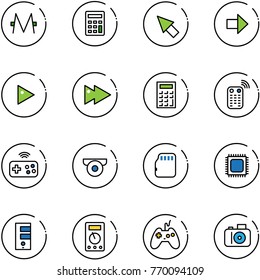 line vector icon set - monero vector, calculator, cursor, right arrow, play, fast forward, remote control, joystick wireless, surveillance camera, micro flash card, cpu, server, multimeter