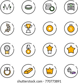 line vector icon set - monero vector, coin, money chest, golden branch, win cup, star medal, gold, finger ring, crown, constructor blocks