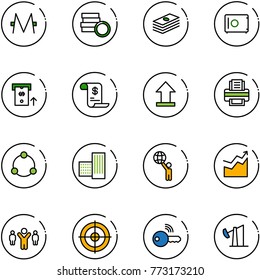 line vector icon set - monero vector, coin, dollar, safe, atm, account history, uplooad, printer, community, building, world, growth, team leader, target, wireless key, oil derrick