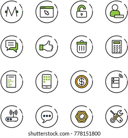 line vector icon set - monero vector, cursor browser, unlocked, user password, chat, like, trash bin, calculator, document, mobile, dollar, server wireless, wi fi router, nut, wrench screwdriver