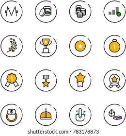 line vector icon set - monero vector, coin, golden branch, win cup, star medal, gold, finger ring, crown, casting of steel, constructor blocks