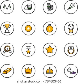 line vector icon set - monero vector, coin, money torch, win cup, star medal, gold, finger ring, crown, constructor blocks