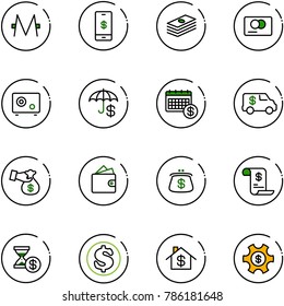 line vector icon set - monero vector, mobile payment, dollar, credit card, safe, umbrella, calendar, encashment car, wallet, purse, account history, home, money managemet