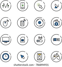 line vector icon set - monero vector, mobile payment, cursor, satellite antenna, mouse wireless, remote control, cd, camera, monitor, sim, wi fi router, projector, clock, multimeter, joystick