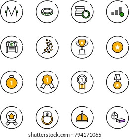 line vector icon set - monero vector, coin, money chest, golden branch, win cup, star medal, gold, finger ring, crown, constructor blocks