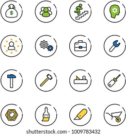 line vector icon set - money bag vector, group, career, brain work, star man, gear, case, wrench, hammer, sledgehammer, jointer, screwdriver, nut, brush, knife, wheelbarrow