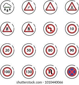 line vector icon set - money rain vector, turn right road sign, left, pedestrian, narrows, no, speed limit 10, 20, 50, 80, 90, 100, 130, back, stop