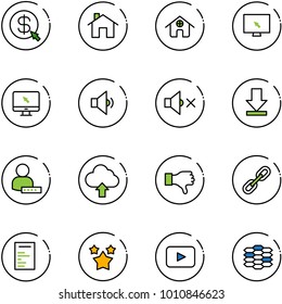 line vector icon set - money click vector, home, monitor cursor, low volume, off, download, user password, upload cloud, dislike, link, document, stars, playback, carbon