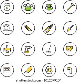 line vector icon set - money bag vector, group, mason hammer, measuring tape, work knife, pliers, clinch, milling cutter, drill, rake, jig saw, tool box, gear, allen key