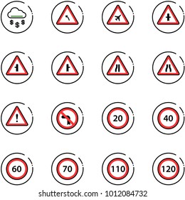 line vector icon set - money rain vector, turn left road sign, airport, intersection, narrows, attention, no, speed limit 20, 40, 60, 70, 110, 120