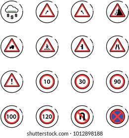 line vector icon set - money rain vector, turn right road sign, left, landslide, tractor way, pedestrian, intersection, narrows, attention, speed limit 10, 30, 90, 100, 120, no back, stop