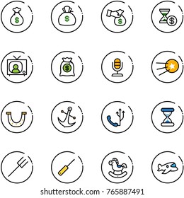 line vector icon set - money bag vector, encashment, account history, tv news, microphone, first satellite, luck, anchor, phone, sand clock, farm fork, awl, rocking horse, plane toy