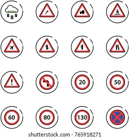 line vector icon set - money rain vector, turn right road sign, tractor way, pedestrian, airport, intersection, narrows, attention, no left, speed limit 20, 50, 60, 80, 130, stop