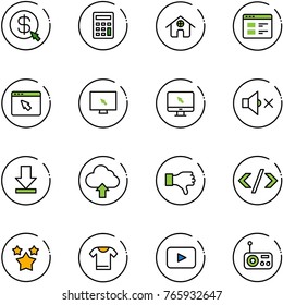 line vector icon set - money click vector, calculator, home, website, cursor browser, monitor, volume off, download, upload cloud, dislike, tag code, stars, t shirt, playback, radio