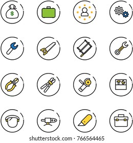 line vector icon set - money bag vector, case, star man, gear, wrench, saw, bucksaw, side cutters, bolt cutter, Angular grinder, tool box, protect glass, pipe welding, work knife