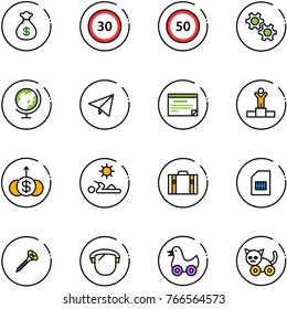 line vector icon set - money bag vector, speed limit 30 road sign, 50, gear, globe, paper fly, schedule, winner, dollar growth, reading, suitcase, sim, screw, protect glass, toy duck, cat