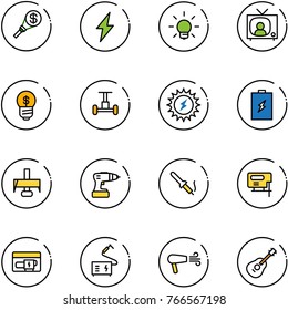 line vector icon set - money torch vector, lightning, bulb, tv news, business idea, gyroscope, sun power, battery, milling cutter, drill, soldering iron, jig saw, generator, welding, dryer, guitar