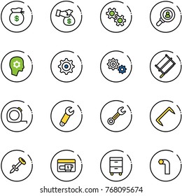 line vector icon set - money bag vector, encashment, gear, head hunter, brain work, bucksaw, measuring tape, wrench, staple, nail dowel, generator, tool cabinet, allen key