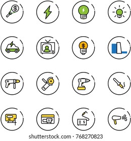 line vector icon set - money torch vector, lightning, idea, bulb, electric car, tv news, business, water power plant, drill machine, Angular grinder, soldering iron, jig saw, generator, welding