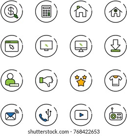 line vector icon set - money click vector, calculator, home, cursor browser, monitor, download, user password, dislike, stars, t shirt, wireless mail, phone, playback, radio