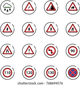 line vector icon set - money rain vector, turn right road sign, landslide, tractor way, intersection, narrows, attention, no left, speed limit 90, 110, 120, 130, stop