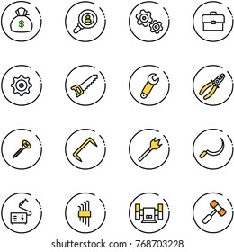 line vector icon set - money bag vector, head hunter, gears, portfolio, gear, saw, wrench, pliers, screw, staple, wood drill, sickle, welding, allen key set, sharpening, toy hammer