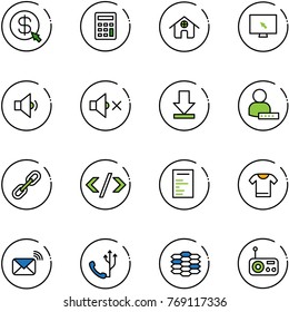 line vector icon set - money click vector, calculator, home, monitor cursor, low volume, off, download, user password, link, tag code, document, t shirt, wireless mail, phone, carbon, radio