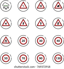 line vector icon set - money rain vector, turn left road sign, oncoming traffic, tractor way, airport, intersection, narrows, speed limit 20, 30, 40, 50, 70, 90, 130