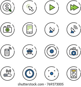 line vector icon set - money click vector, cursor, play, fast forward, camera, mobile, satellite antenna, remote control, fingerprint scanner, cd, wi fi router, clock, record button, multimeter