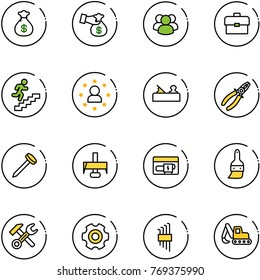 line vector icon set - money bag vector, encashment, group, portfolio, career, star man, jointer, pliers, nail, milling cutter, generator, brush, wrench hammer, gear, allen key set, excavator toy