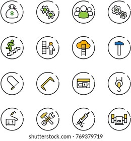line vector icon set - money bag vector, gear, group, gears, career, opportunity, cloud ladder, hammer, fretsaw, staple, generator, winch, welding, wrench, gun sealant, sharpening