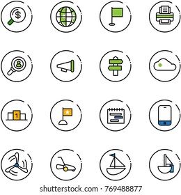 line vector icon set - money search vector, globe, flag, printer, head hunter, speaker horn, signpost, cloud, pedestal, terms plan, mobile phone, wind mill, lawn mower, sailboat toy