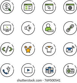 line vector icon set - money click vector, website, cursor browser, globe, monitor, low volume, user password, link, tag code, stars, t shirt, wireless mail, phone, playback, carbon, radio
