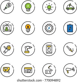 line vector icon set - money torch vector, idea, bulb, electric car, tv news, business, sun power, battery, Angular grinder, drill, multimeter, soldering iron, jig saw, generator, welding, dryer