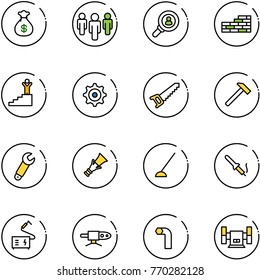 line vector icon set - money bag vector, group, head hunter, brick wall, success, gear, saw, hammer, wrench, dowel, hoe, soldering iron, welding, pipe, allen key, sharpening