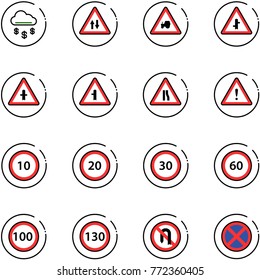 line vector icon set - money rain vector, oncoming traffic road sign, tractor way, intersection, narrows, attention, speed limit 10, 20, 30, 60, 100, 130, no turn back, stop