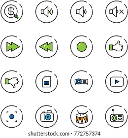 line vector icon set - money click vector, volume medium, low, off, fast forward, backward, record, like, dislike, sim, projector, playback, button, camera, drum, radio
