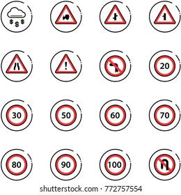 line vector icon set - money rain vector, tractor way road sign, intersection, narrows, attention, no left turn, speed limit 20, 30, 50, 60, 70, 80, 90, 100, back