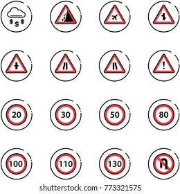 line vector icon set - money rain vector, landslide road sign, airport, intersection, narrows, attention, speed limit 20, 30, 50, 80, 100, 110, 130, no turn back